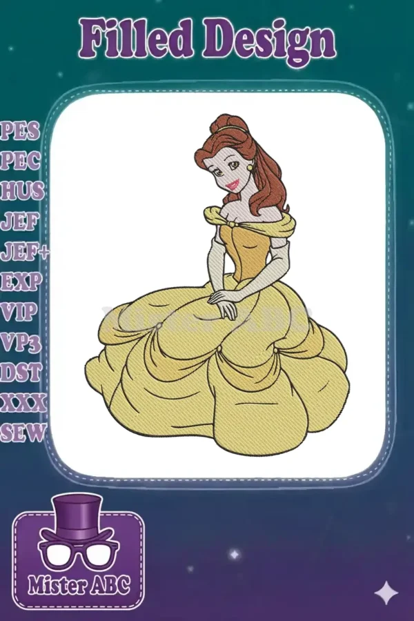 Elegant Belle embroidery design featuring the beloved princess in her iconic yellow ball gown. High-quality stitching.
