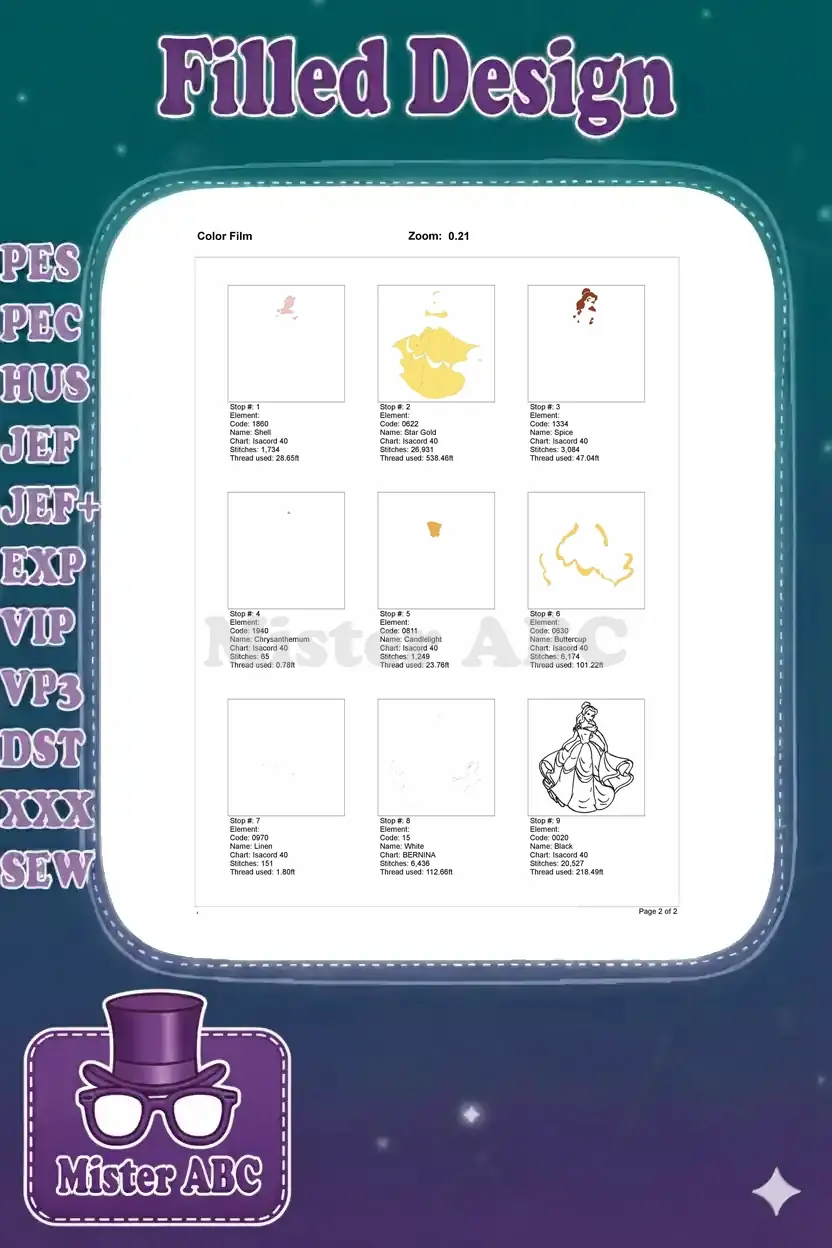 Color film breakdown of the Belle embroidery design, showing individual stitch elements by color sequence.