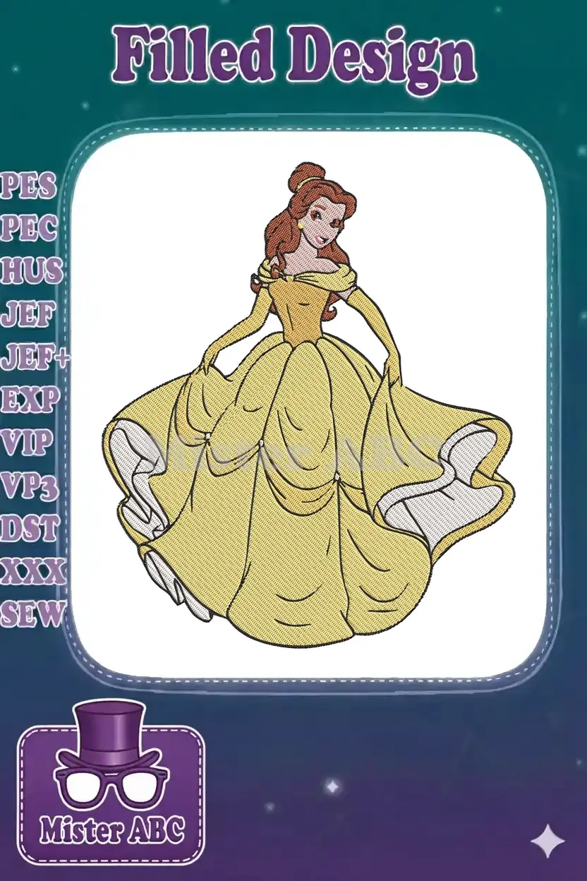 Full-color embroidery design of Disney's Belle in her classic yellow ball gown, holding up her skirt elegantly.