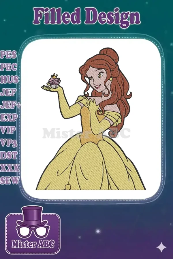 Elegant Belle embroidery design in a yellow ball gown, holding a royal cupcake, perfect for Disney fans and crafters.