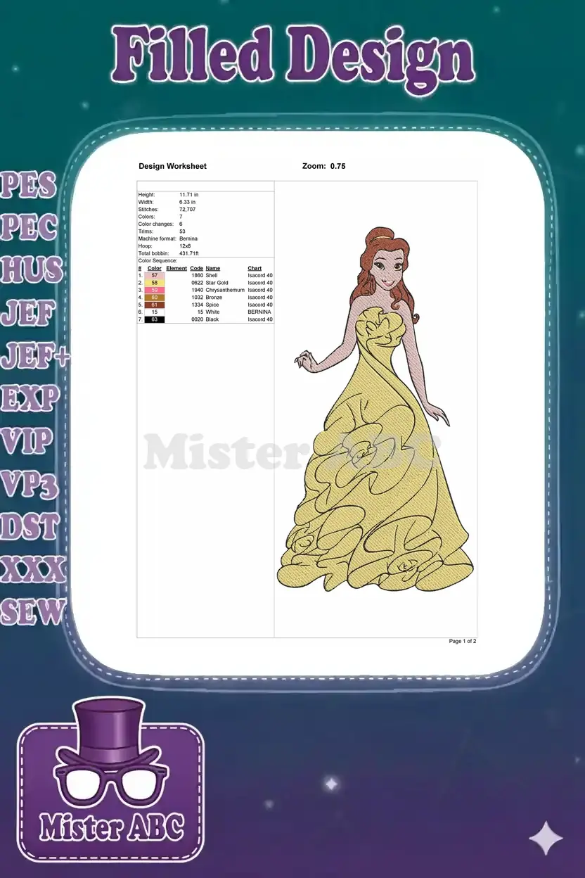 Detailed embroidery design worksheet showing Belle, with stitch count, dimensions, color sequence, and machine info.