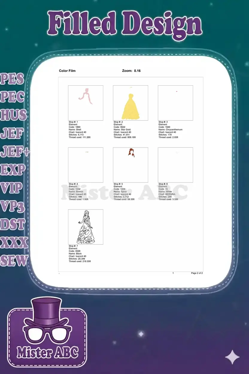 Embroidery color film showing individual stitch stops, thread usage, and color application sequence for the design.
