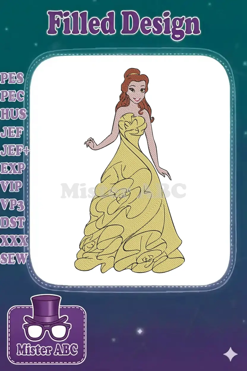Stunning embroidery design of Princess Belle in her iconic yellow ball gown, full-length, elegant and detailed.