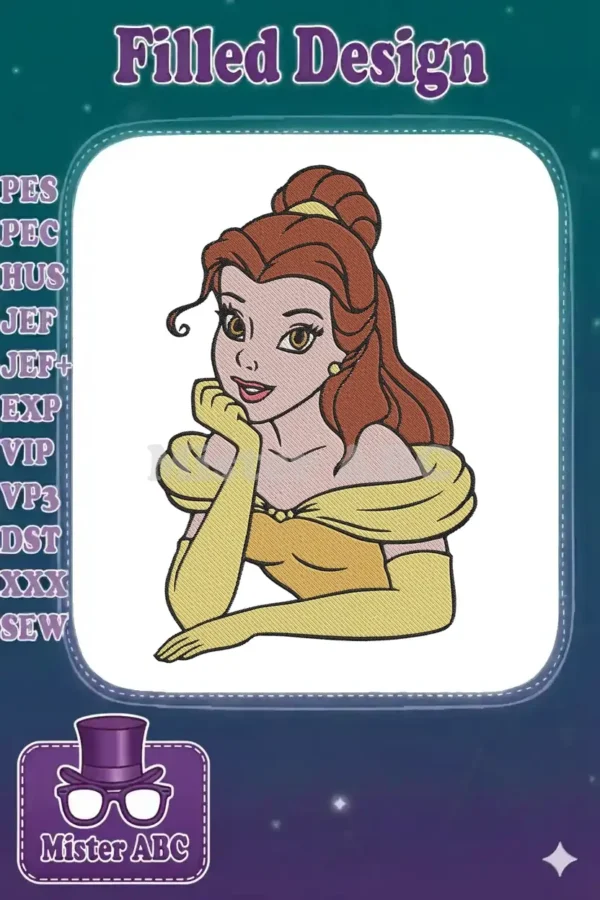 Embroidery design featuring Belle from Beauty and the Beast, in her iconic yellow gown, resting her chin on her hand.