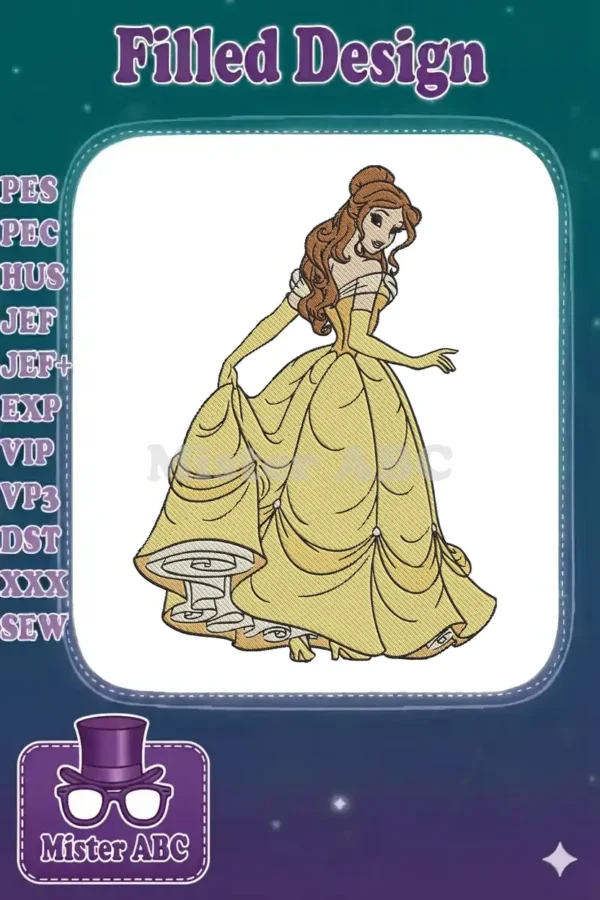 A stunning embroidery design of Disney Princess Belle in her iconic golden ball gown, looking over her shoulder gracefully.