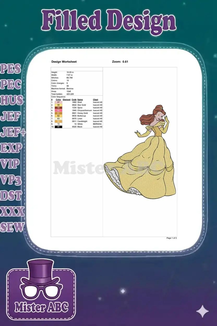 Embroidery design worksheet for Belle, showing dimensions, stitch count, color sequence, and machine settings.