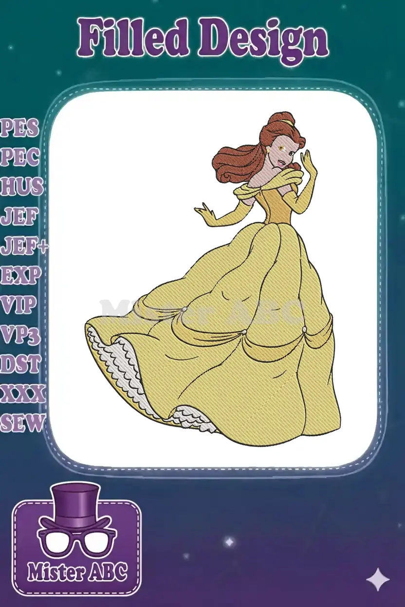 Full-color embroidery design of Disney Princess Belle in her iconic yellow ball gown, standing dynamically on white background.