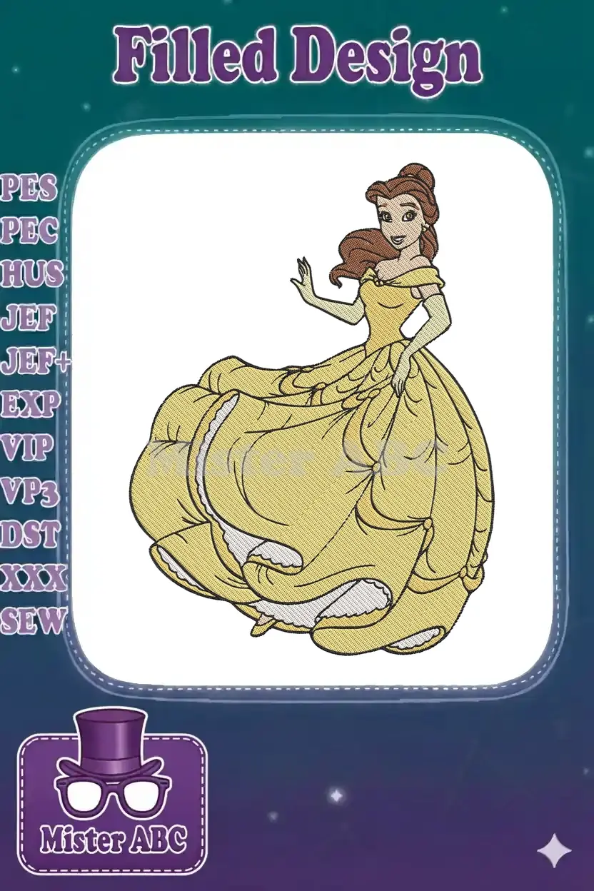 Belle from Beauty and the Beast in her iconic yellow ball gown, beautifully embroidered, waving with a gentle smile.