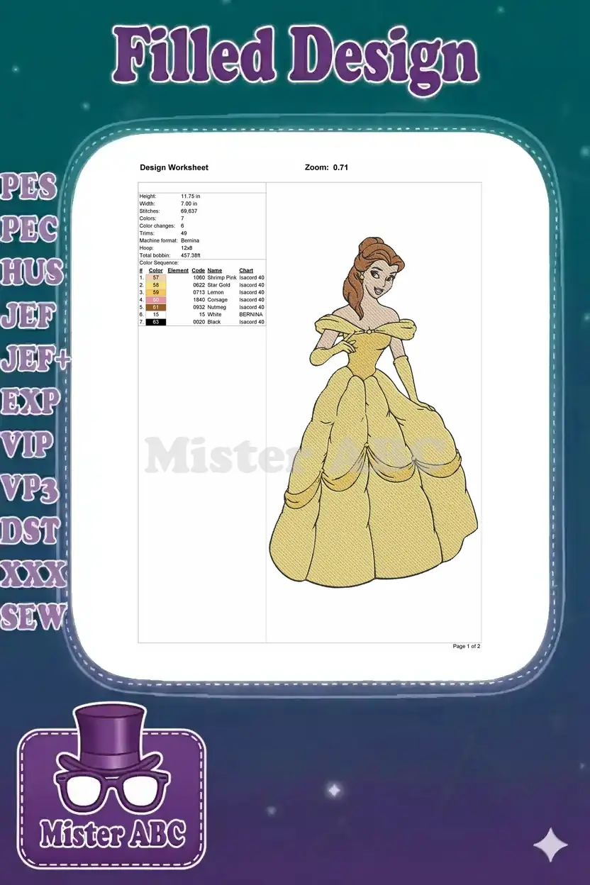 Embroidery design worksheet for Belle, detailing dimensions, stitch count, thread colors, and machine information.