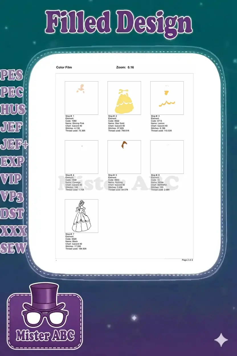 Color film breakdown of the Belle embroidery design, showing the individual stitching steps and color elements.