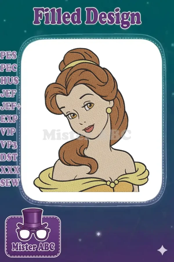 Close-up of Belle from Beauty and the Beast, a detailed machine embroidery design featuring her iconic yellow gown and elegant updo.