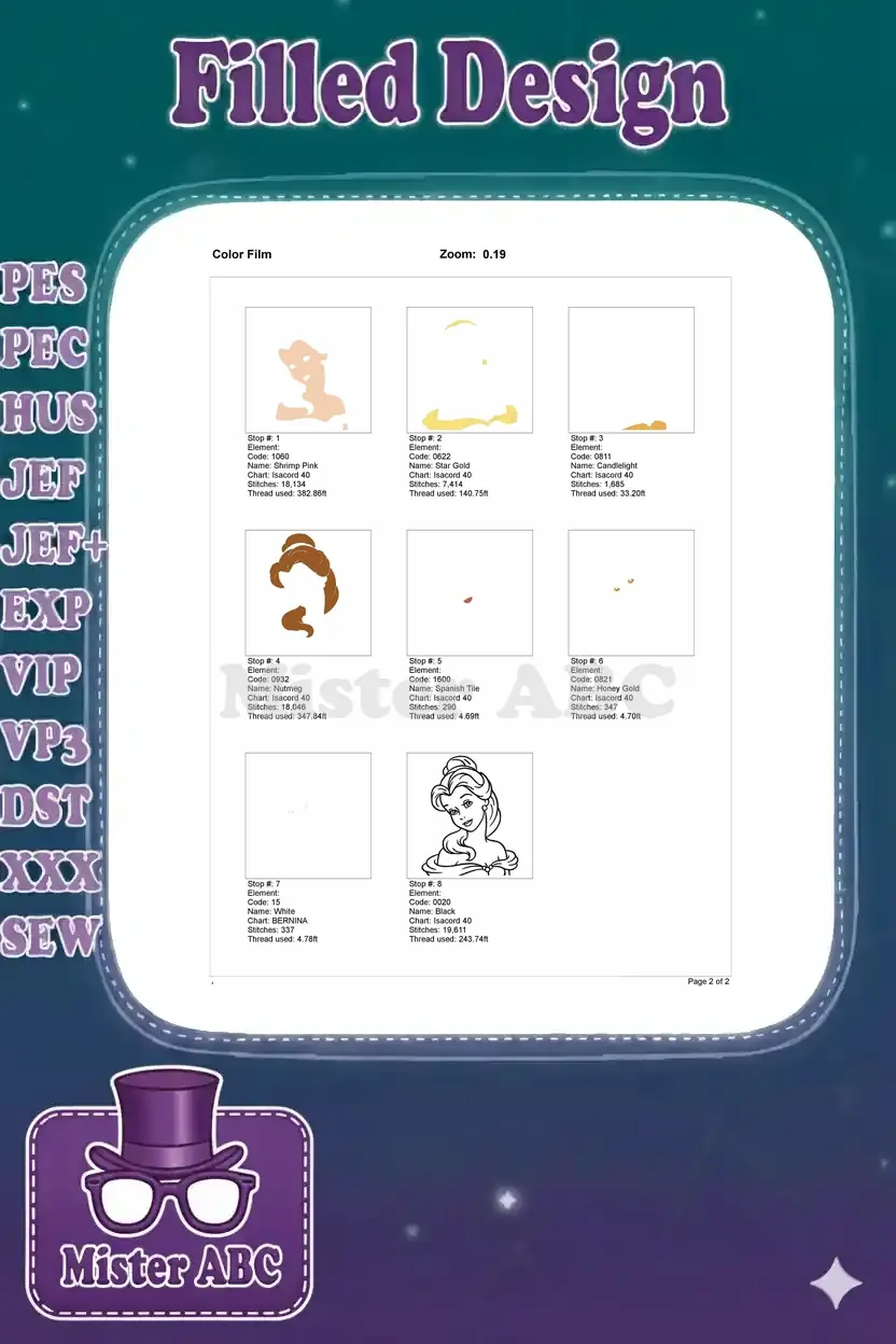 Color film breakdown for Belle embroidery, showing individual stitch stops, thread usage, and color application order.