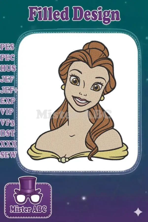 Close-up of Belle embroidery design, showing her smiling face, flowing brown hair, and yellow gown details.