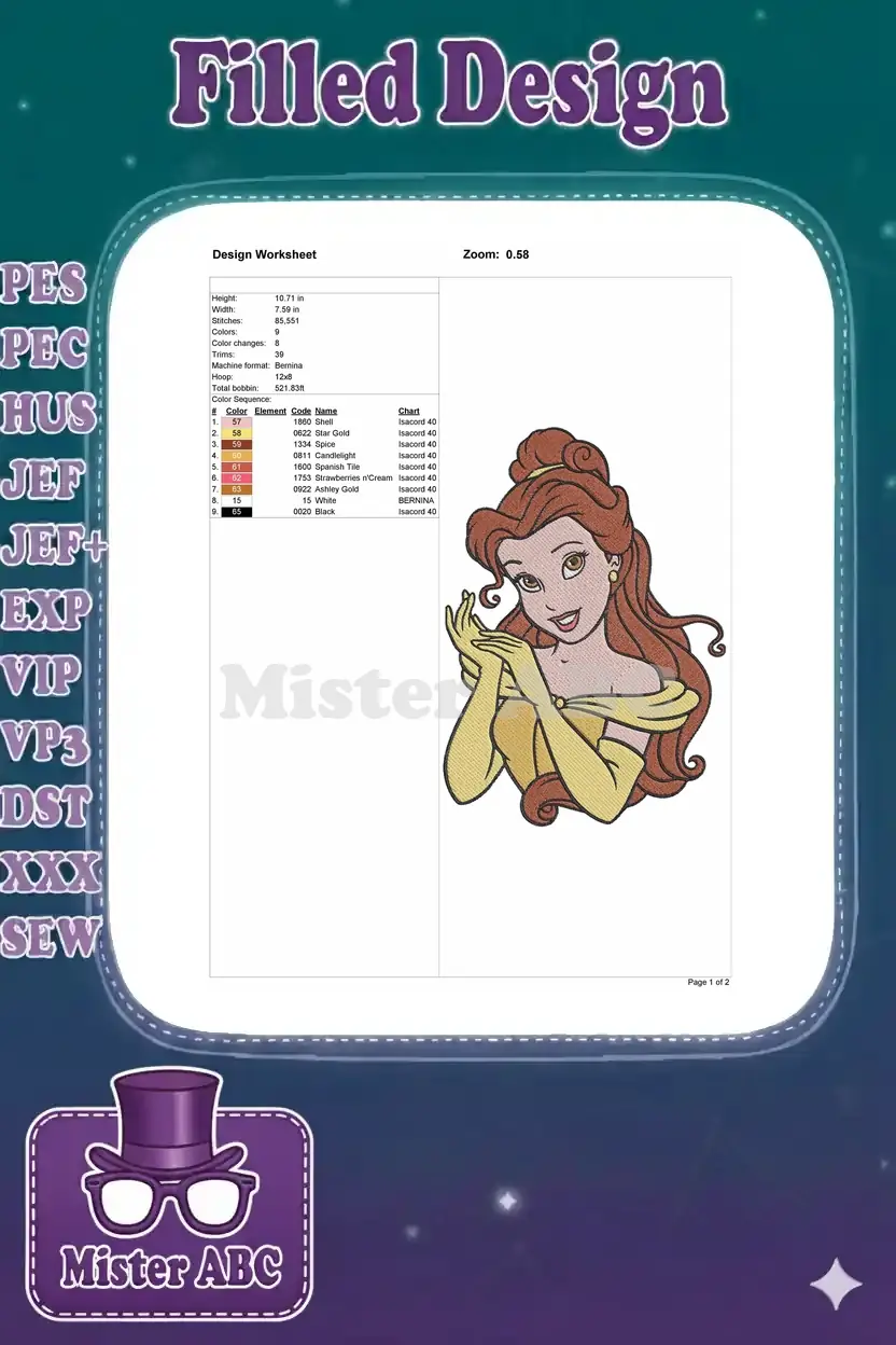 Embroidery design worksheet for Belle, detailing dimensions, stitch count, color sequence, and machine info.