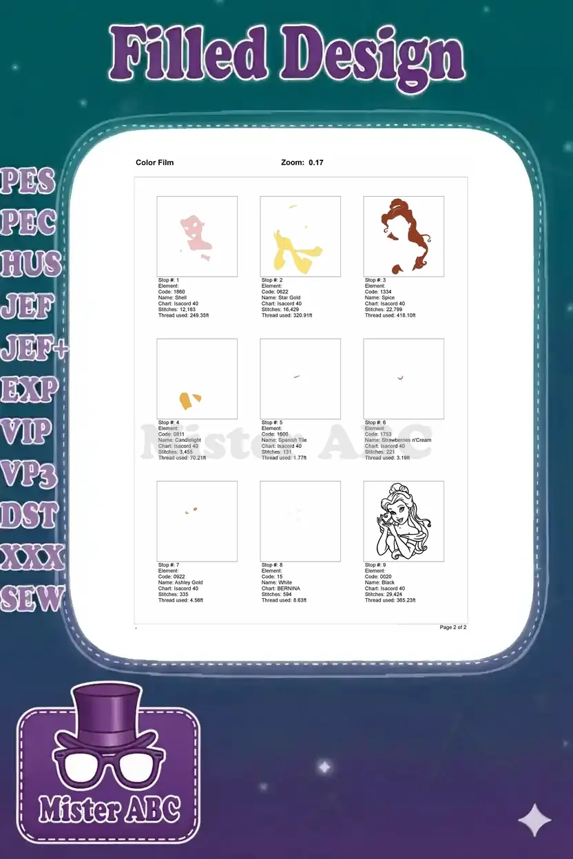 Color film breakdown of the Belle embroidery design, showing individual stitch elements and color stops.