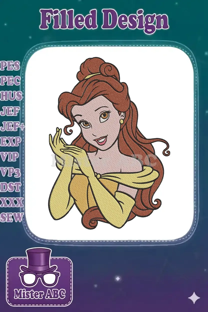Close-up embroidery design of Belle from Beauty and the Beast, featuring her iconic golden dress and elegant pose.
