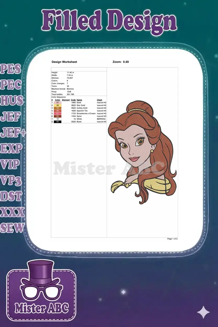 Embroidery design worksheet for Belle, showing dimensions, stitch count, color sequence, and machine details.