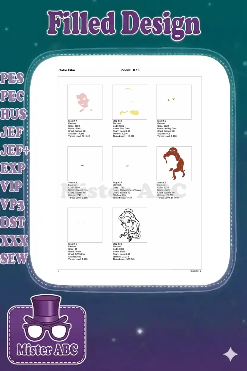 Color film breakdown of the Belle embroidery design, illustrating each individual stitch stop and thread usage.