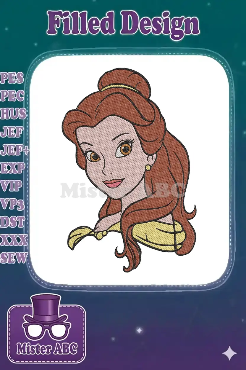 Close-up of a beautiful Belle embroidery design, featuring her iconic brown hair and elegant yellow dress.