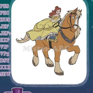 Belle from Beauty and the Beast in her iconic yellow gown, gracefully riding a brown horse.