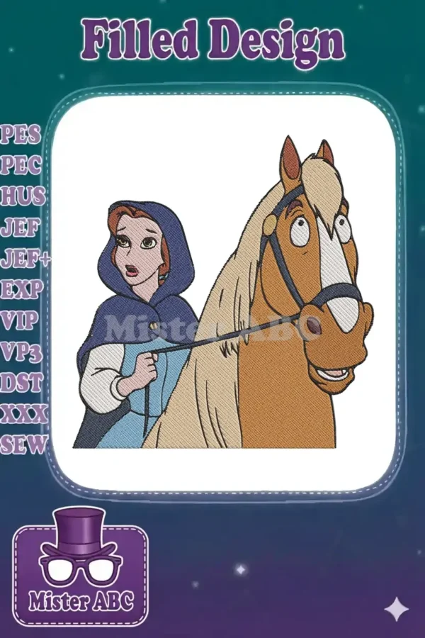 Embroidered design of Disney's Belle in a blue cape beside her horse Philippe, featuring detailed satin stitching.