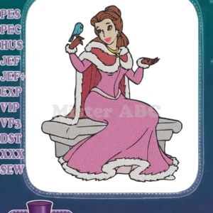 Elegant Belle embroidery design featuring the princess in a pink winter gown, fur cape, holding a blue bird.
