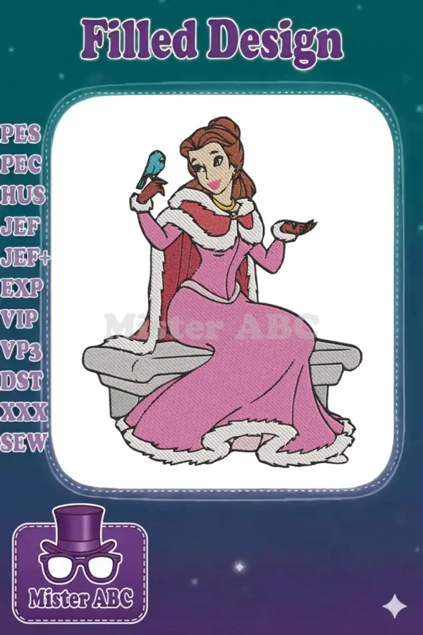 Elegant Belle embroidery design featuring the princess in a pink winter gown, fur cape, holding a blue bird.