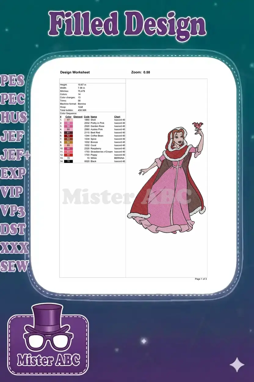 Embroidery design worksheet for Belle, showing dimensions, stitch count, color sequence, and machine formats.