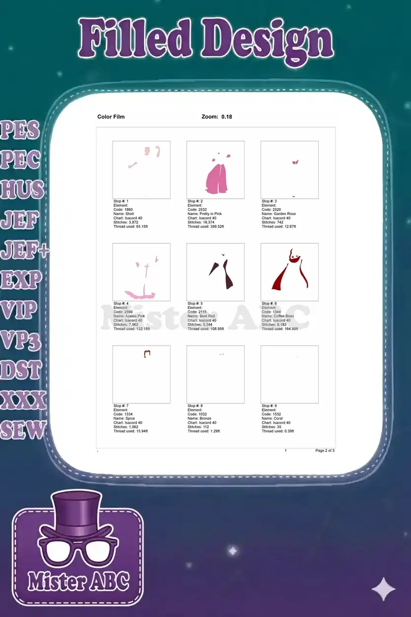 First page of the embroidery color film, detailing the initial stitch order and thread usage for the Belle design.