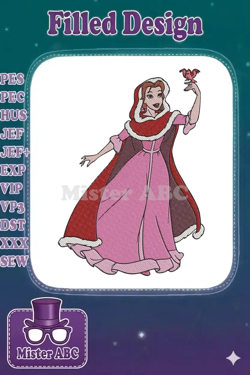 Belle from Beauty and the Beast in a pink dress and red fur-trimmed cape, holding a small bird, vibrant and detailed.