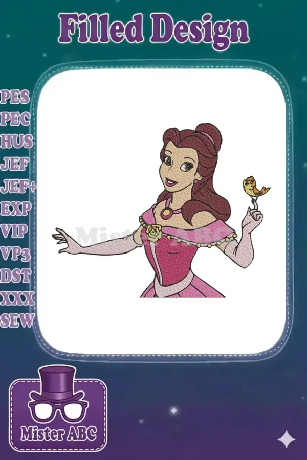 Belle, the beloved princess, in a vibrant embroidery design, elegantly holding a small yellow bird on her finger.