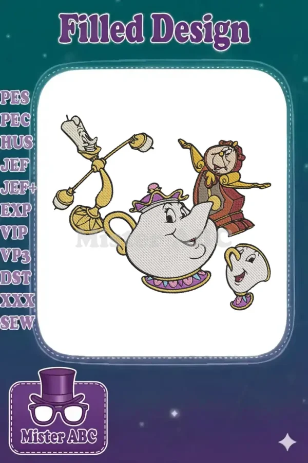 Vibrant embroidery design featuring Disney's Lumiere, Mrs. Potts, Cogsworth, and Chip, smiling and full of character on a white background.