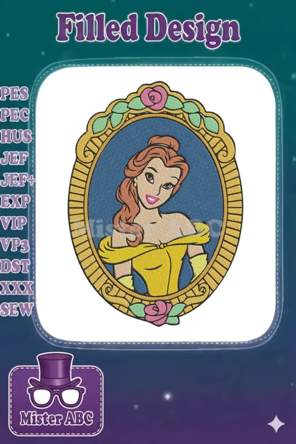 Elegant Belle embroidery design featuring the Disney princess in her yellow gown, framed by ornate gold and roses.