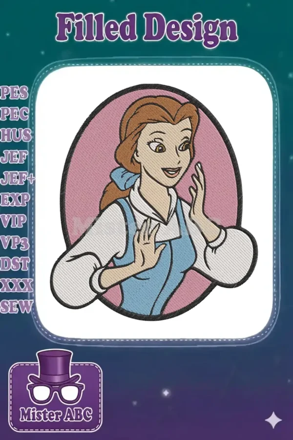 Embroidered design of Disney's Belle in her classic blue dress, smiling against a pink oval background, ready for appliqué.