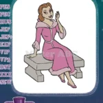 Cheerful Cartoon Woman in Pink Robe Sitting on Bench Embroidery Designs - Instant Download