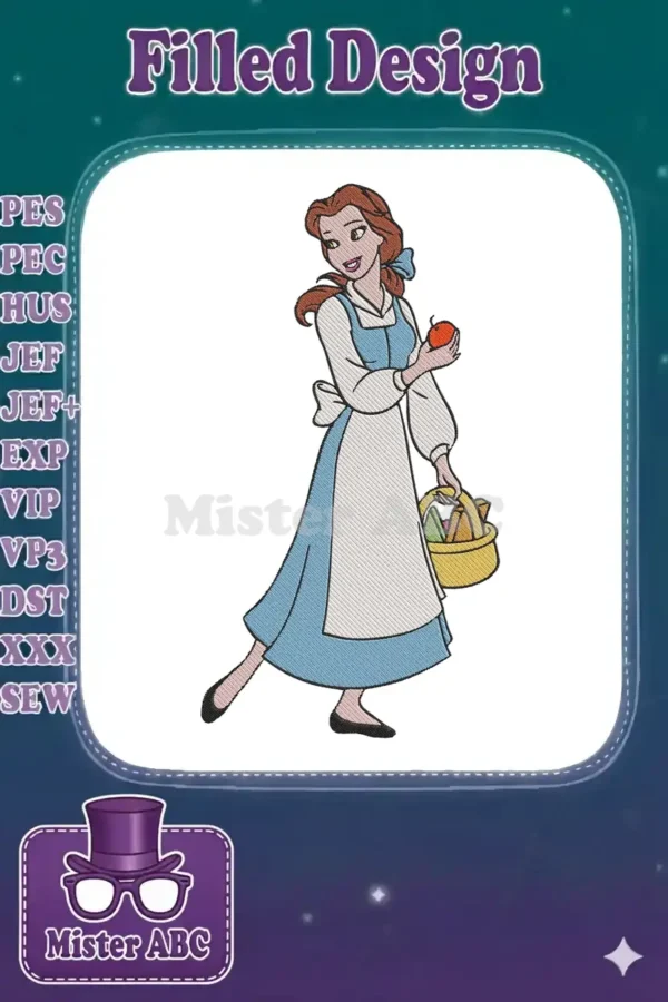 Full-body embroidery of Belle from Beauty and the Beast in her blue village dress, holding an apple and basket.