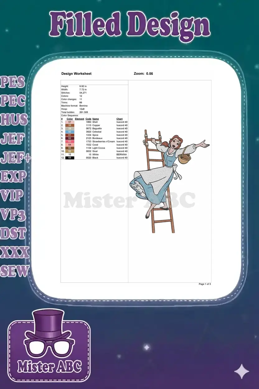 Embroidery design worksheet for Belle on a ladder, showing dimensions, stitch count, colors, and machine info.