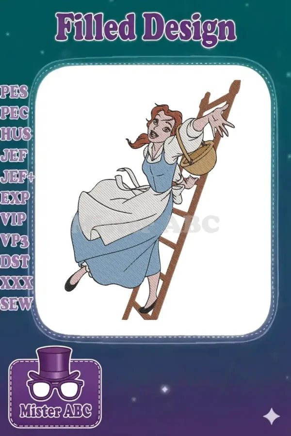 A vibrant embroidery design of Disney's Belle from Beauty and the Beast, playfully reaching out from a ladder.