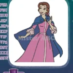 Belle princess in pink dress with blue cape embroidery designs - Instant Download