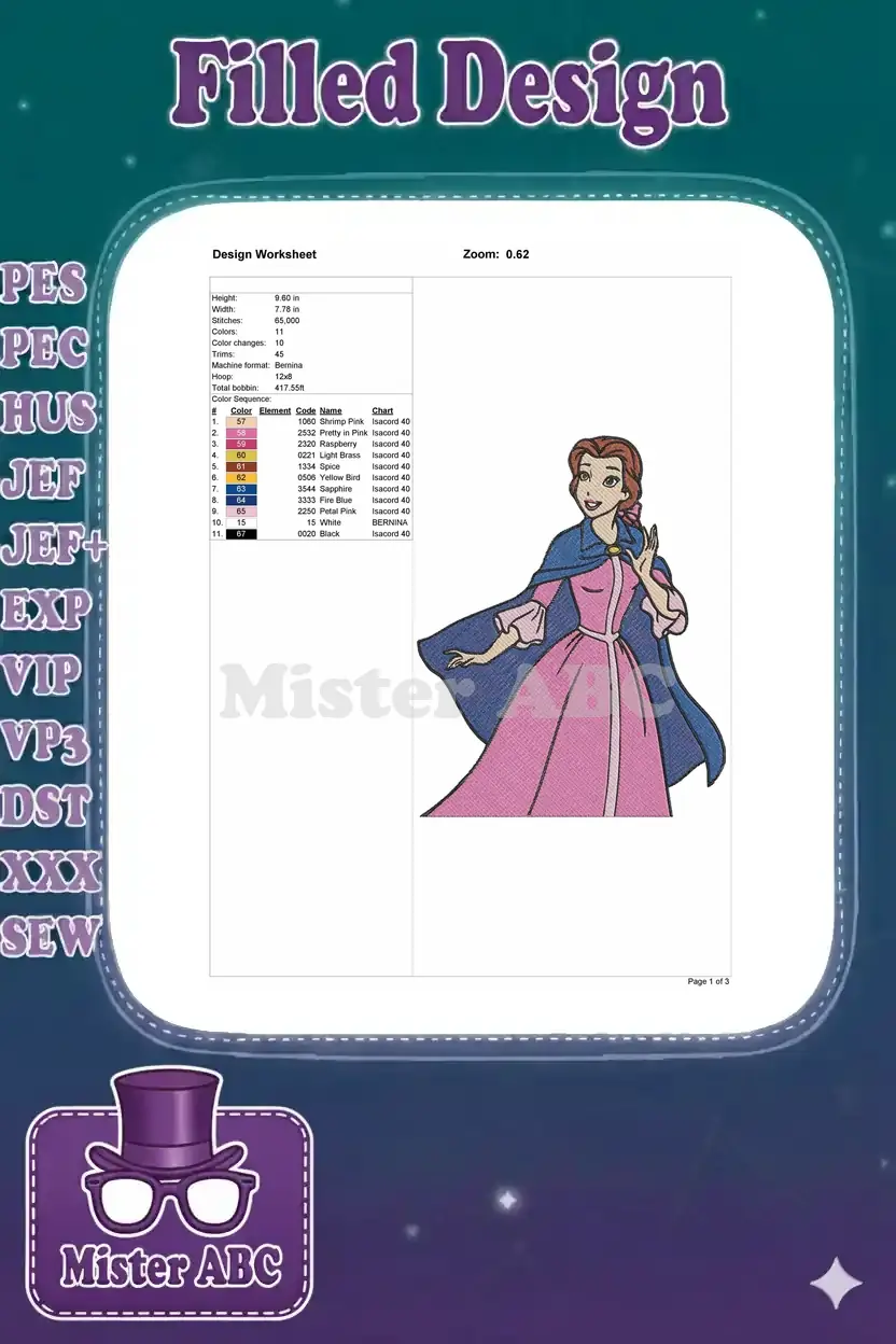 Embroidery design worksheet for Belle, detailing dimensions, stitch count, color changes, and thread chart.