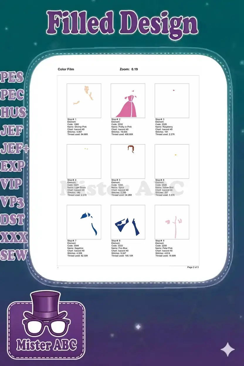 Color film breakdown for Belle embroidery, showing stitch sequences for colors 1 through 9, with thread details.