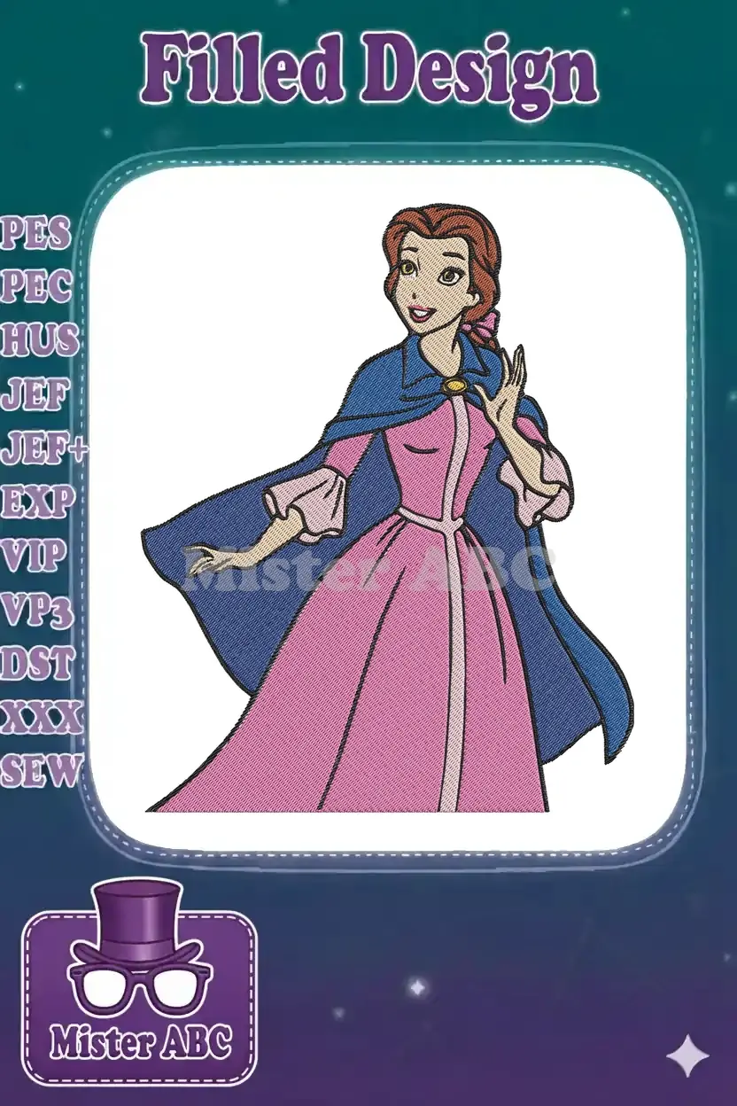 Close-up of Belle embroidery design, featuring her in a pink dress and blue cape, ready for digital stitching.