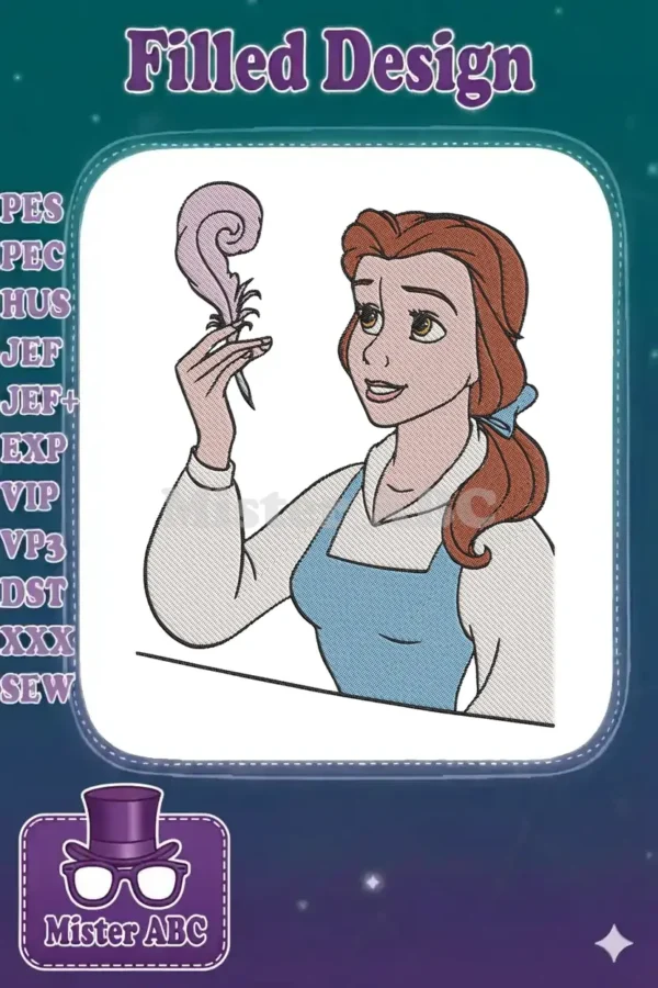 A delightful embroidery design of Belle from Beauty and the Beast, holding a delicate quill and looking upwards.