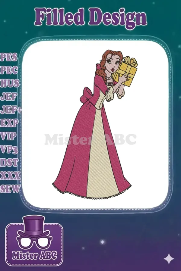 Full-view embroidery of Princess Belle from Beauty and the Beast in a pink gown, holding a yellow wrapped gift.