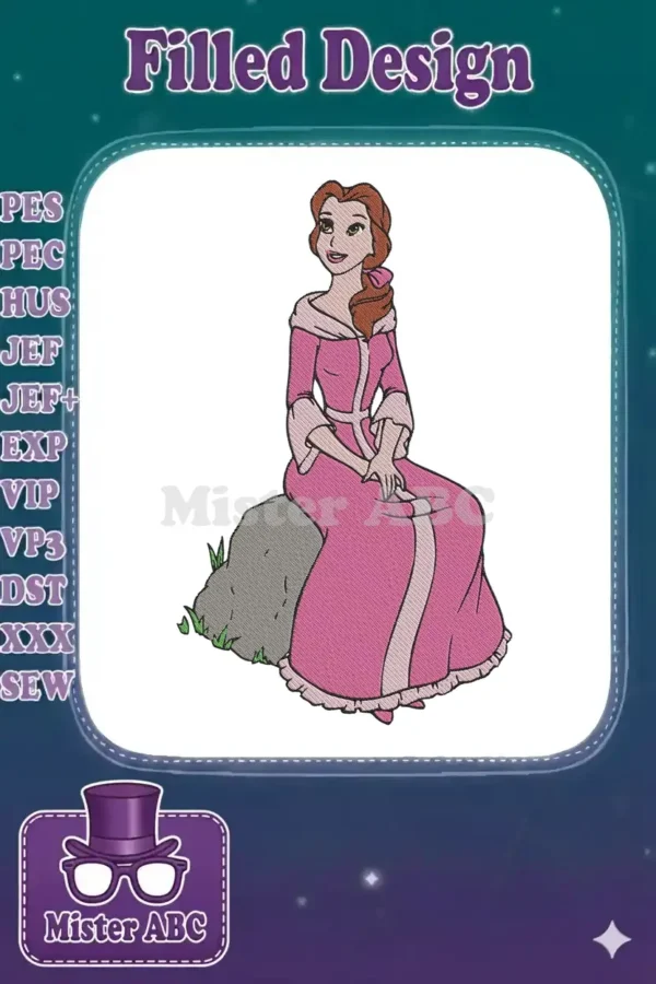 Beautiful Belle embroidery design, depicting the classic princess in a lovely pink gown, seated gracefully on a rock.