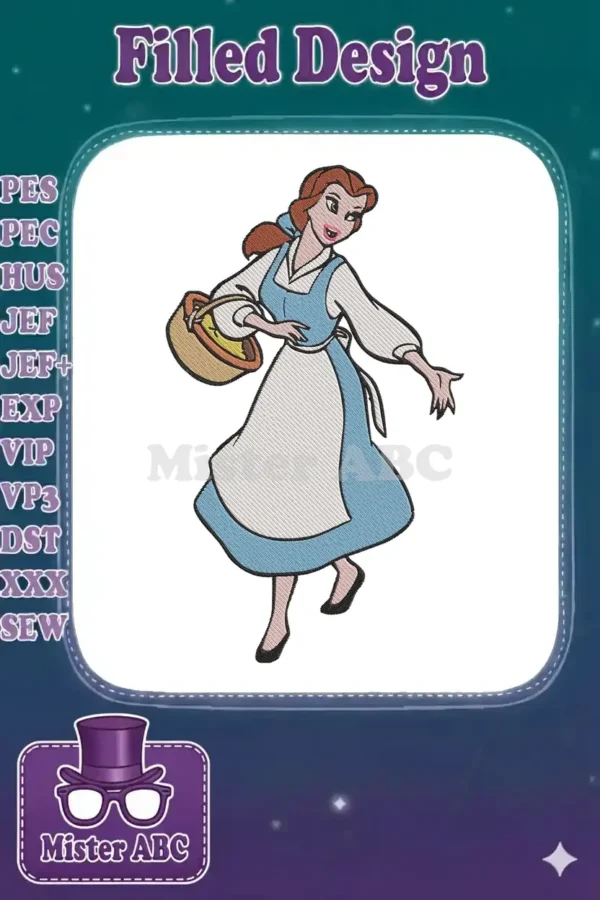 Full-body embroidery design of Disney's Belle in her iconic blue village dress, holding a basket. Perfect for fans.