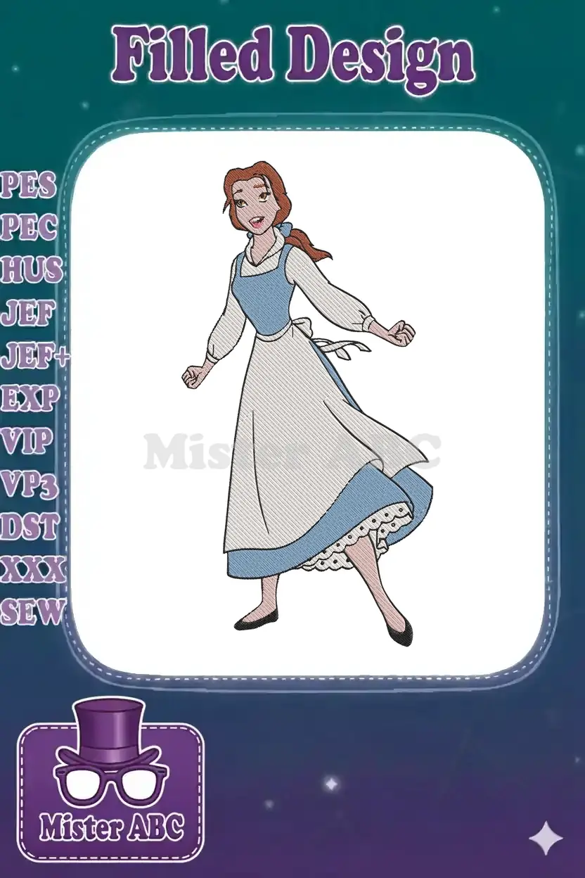 Full-body embroidery design of Disney's Belle in her iconic blue village dress, featuring a detailed, vibrant stitch pattern.