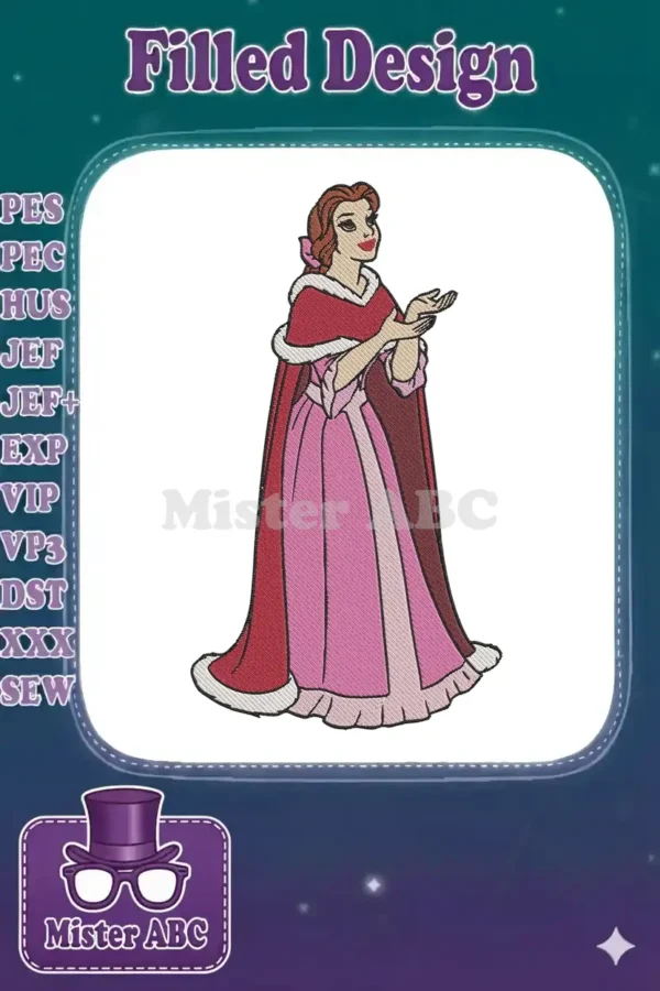 Embroidered Belle from Beauty and the Beast, depicted in a flowing pink gown and elegant red winter cloak.