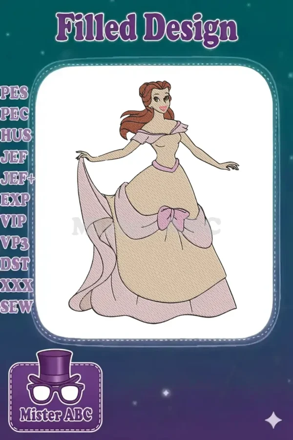 Full-body embroidery design of Princess Belle in an elegant pink and beige ball gown, ready to stitch.