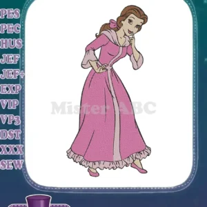 A charming embroidery design featuring Disney's Princess Belle in a lovely pink gown, with intricate details.